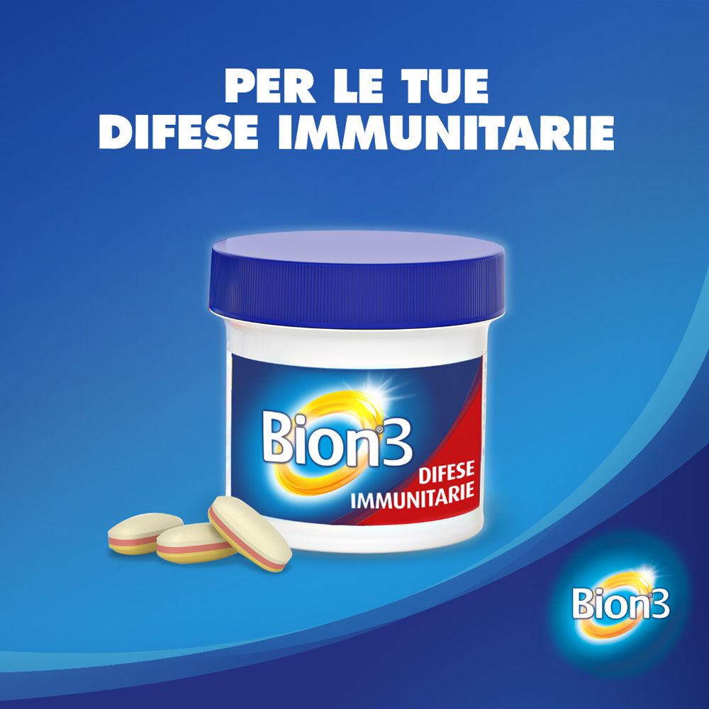 Grafica blu con logo Bion3 e compresse. Testo: Per le tue difese immunitarie. Contenitore.
