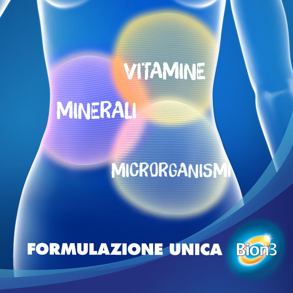 Grafica blu con sagoma del corpo. Testo: Vitamine, Minerali, Microrganismi, Formulazione Unica.