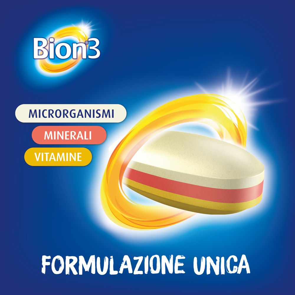 Grafica blu con compressa e logo Bion3. Testo: Microrganismi, Minerali, Vitamine, Formulazione Unica.