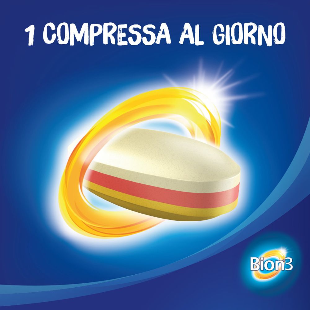 Grafica blu con compressa e logo Bion3. Testo: 1 Compressa al giorno.