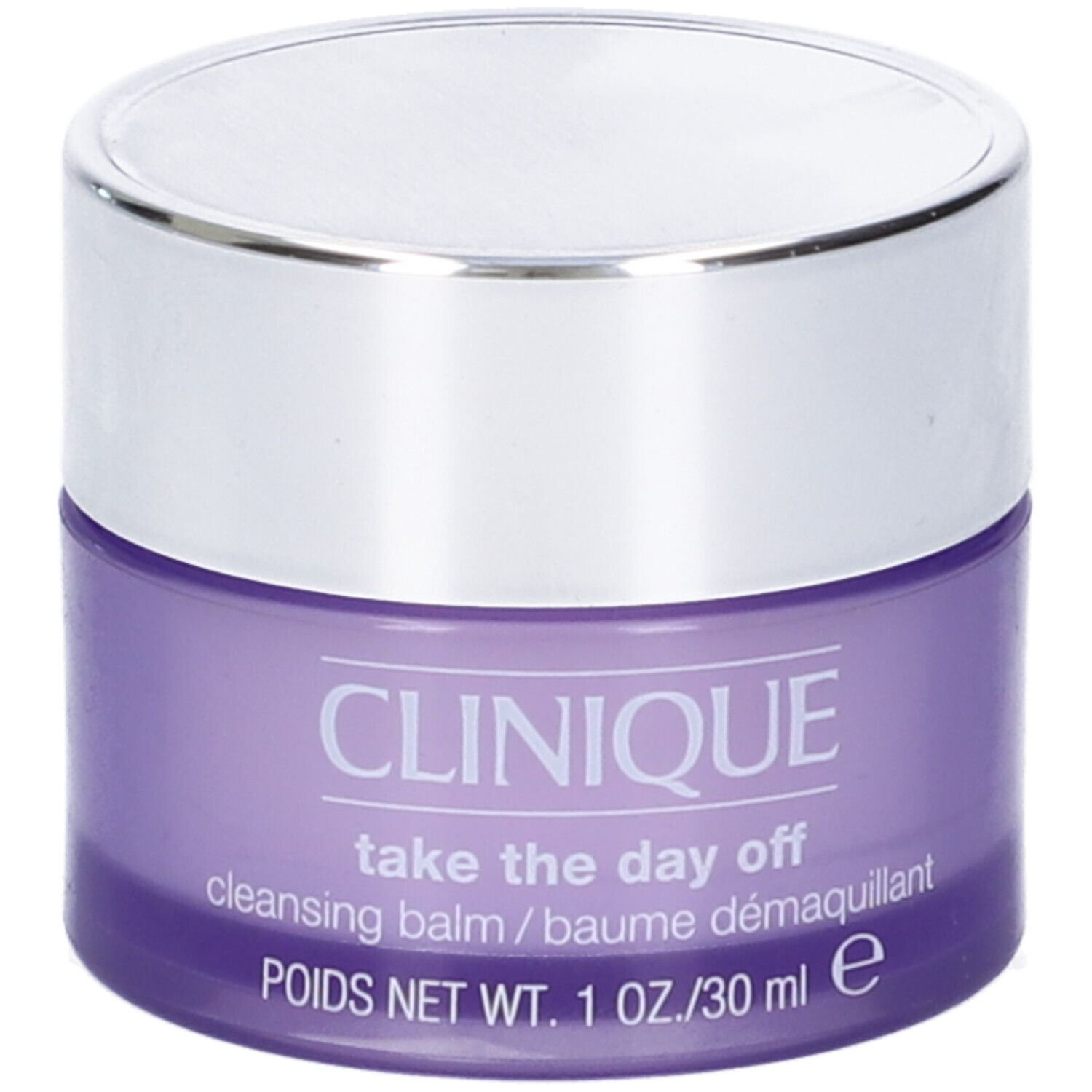 Vasetto lilla con coperchio argentato. Scritta: CLINIQUE, take the day off, cleansing balm. 1 OZ./30 ml.