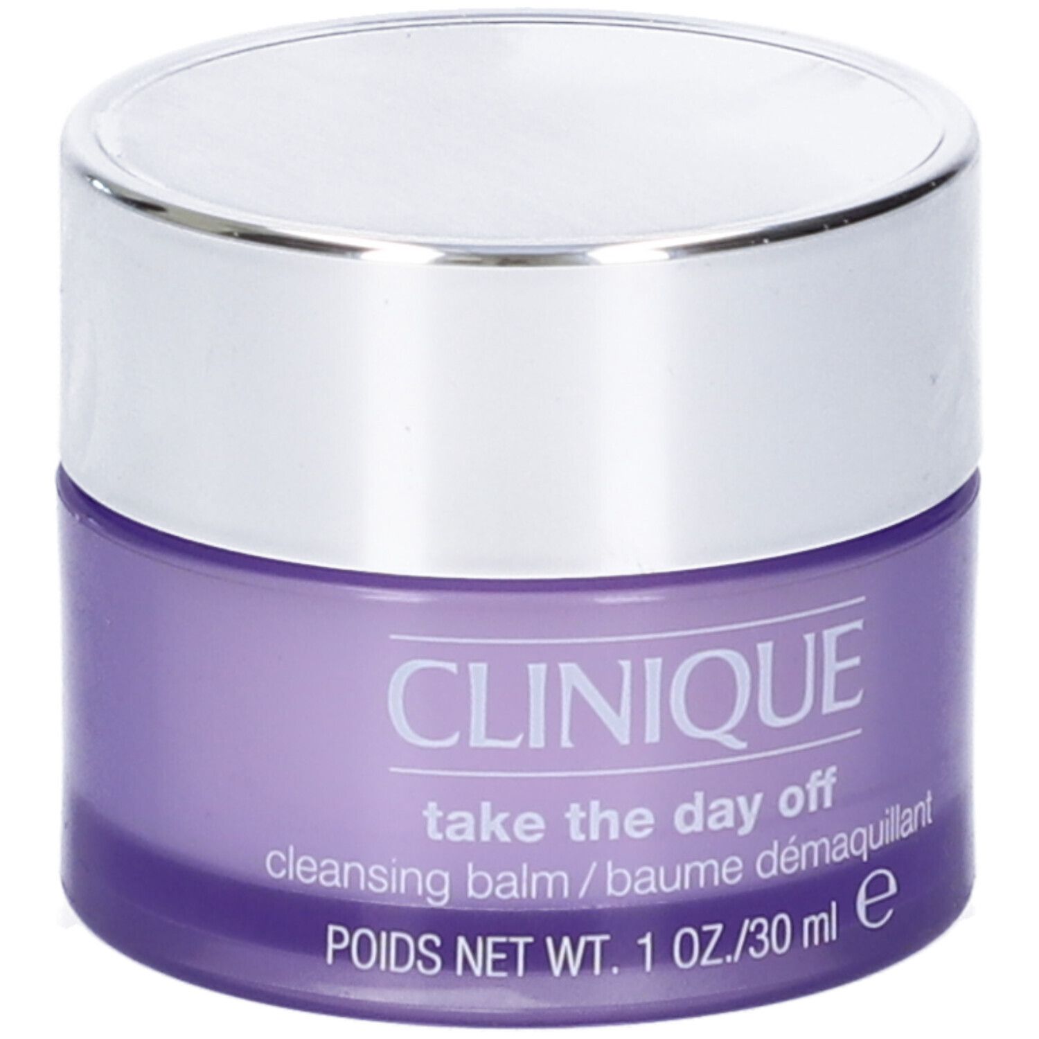 Vasetto lilla con coperchio argentato. Scritta: CLINIQUE, take the day off, cleansing balm. 1 OZ./30 ml.