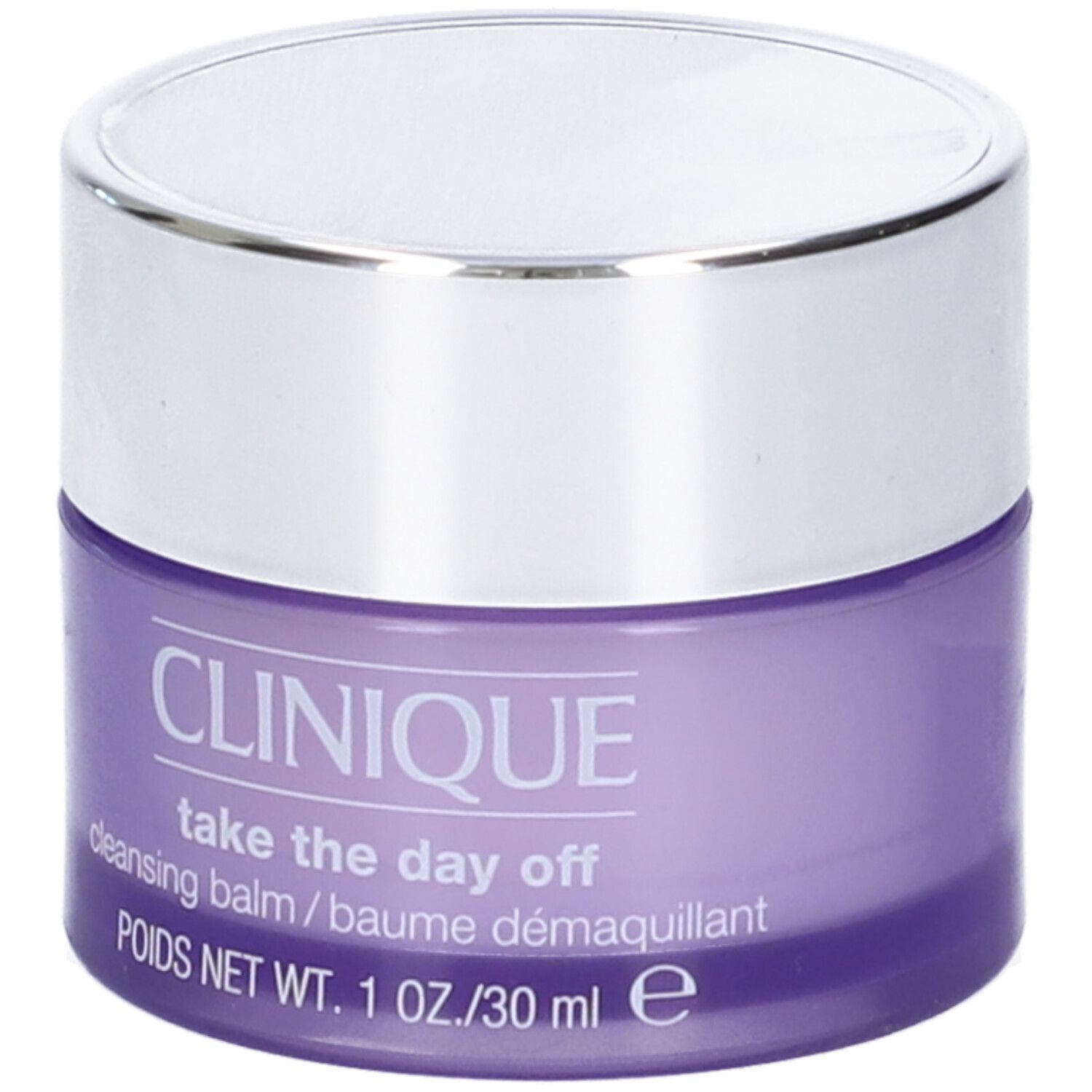 Vasetto lilla con coperchio argentato. Scritta: CLINIQUE, take the day off, cleansing balm. 1 OZ./30 ml.