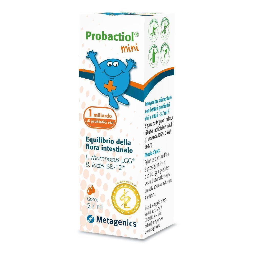 Scatola con stampa del prodotto. Contiene un flacone di gocce. Scritta: Probactiol mini, 1 miliardo di batteri probiotici.