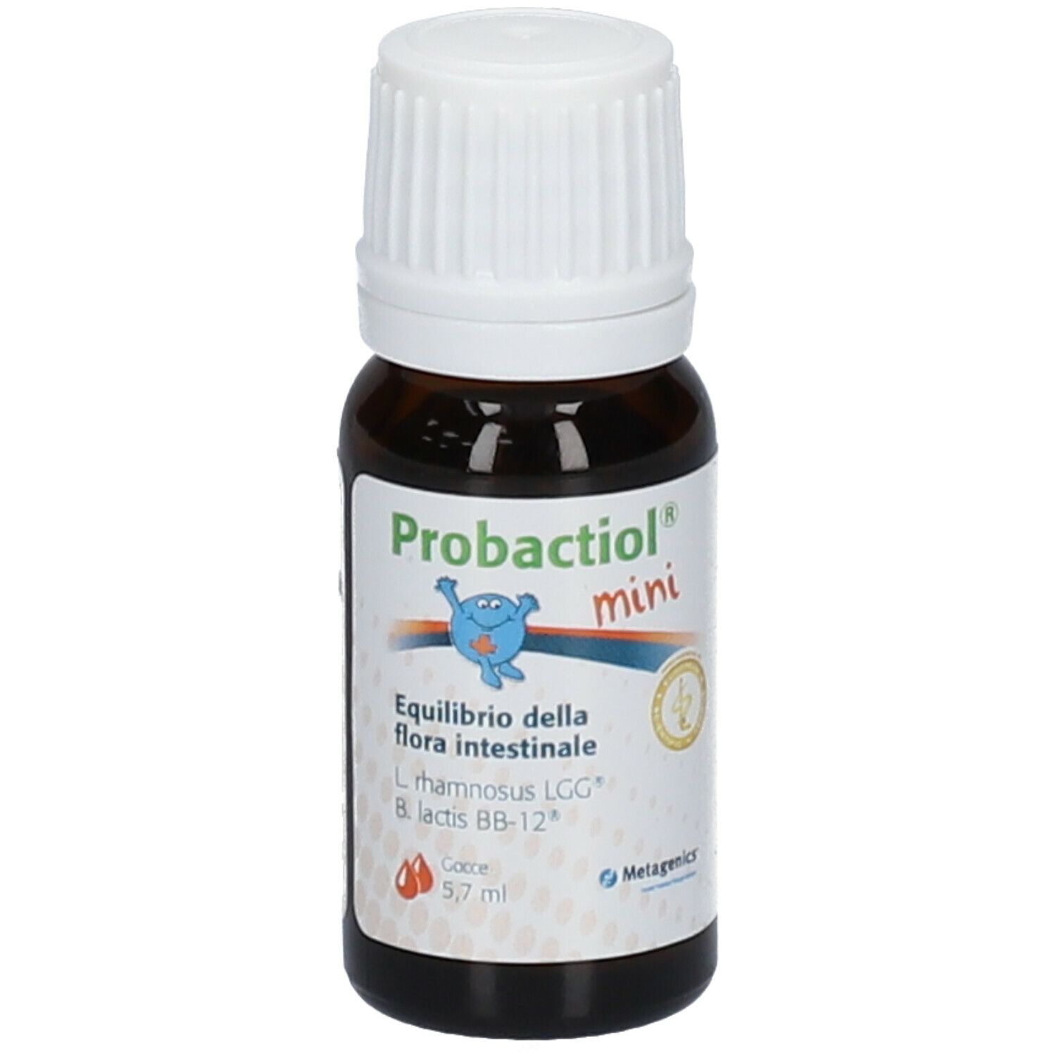 Flacone di vetro marrone con tappo a vite bianco. Scritta: Probactiol mini, equilibrio della flora intestinale, 5,7 ml.