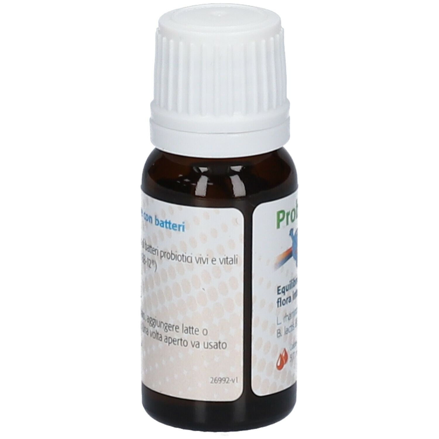 Flacone di vetro marrone con tappo a vite bianco. Scritta: Contiene batteri probiotici vivi e vitali.