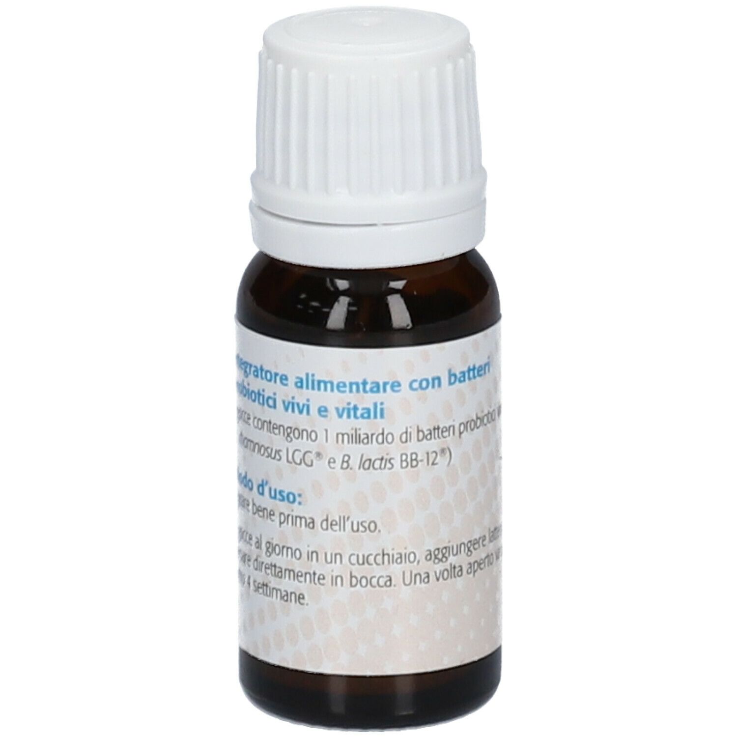 Flacone di vetro marrone con tappo a vite bianco. Scritta: Integratore alimentare con batteri vivi e vitali.