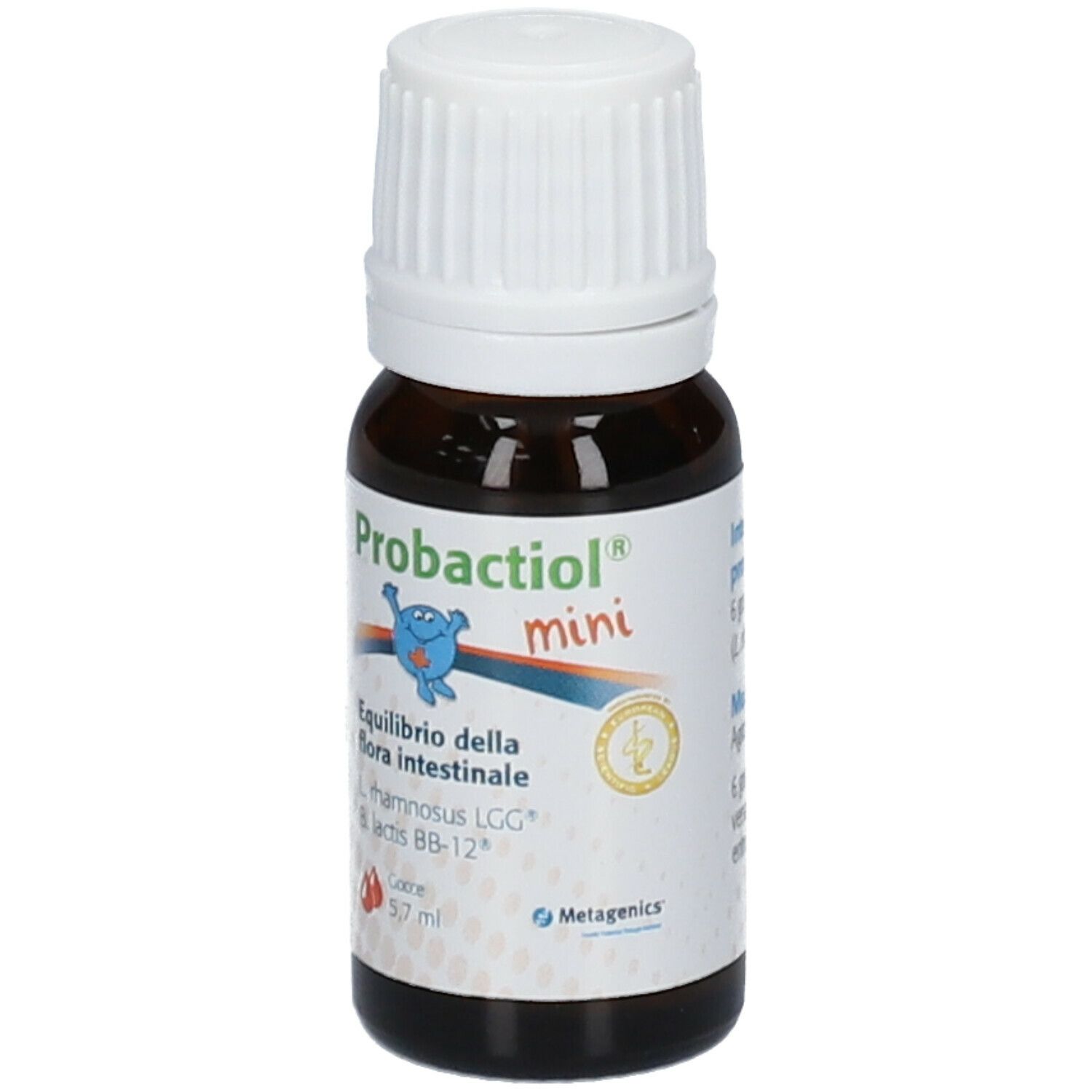 Flacone di vetro marrone con tappo a vite bianco. Scritta: Probactiol mini, equilibrio della flora intestinale, 5,7 ml.