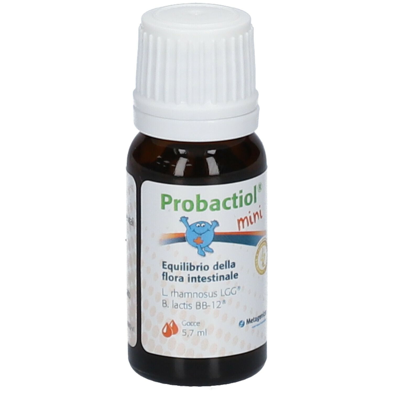 Flacone di vetro marrone con tappo a vite bianco. Scritta: Probactiol mini, equilibrio della flora intestinale, 5,7 ml.