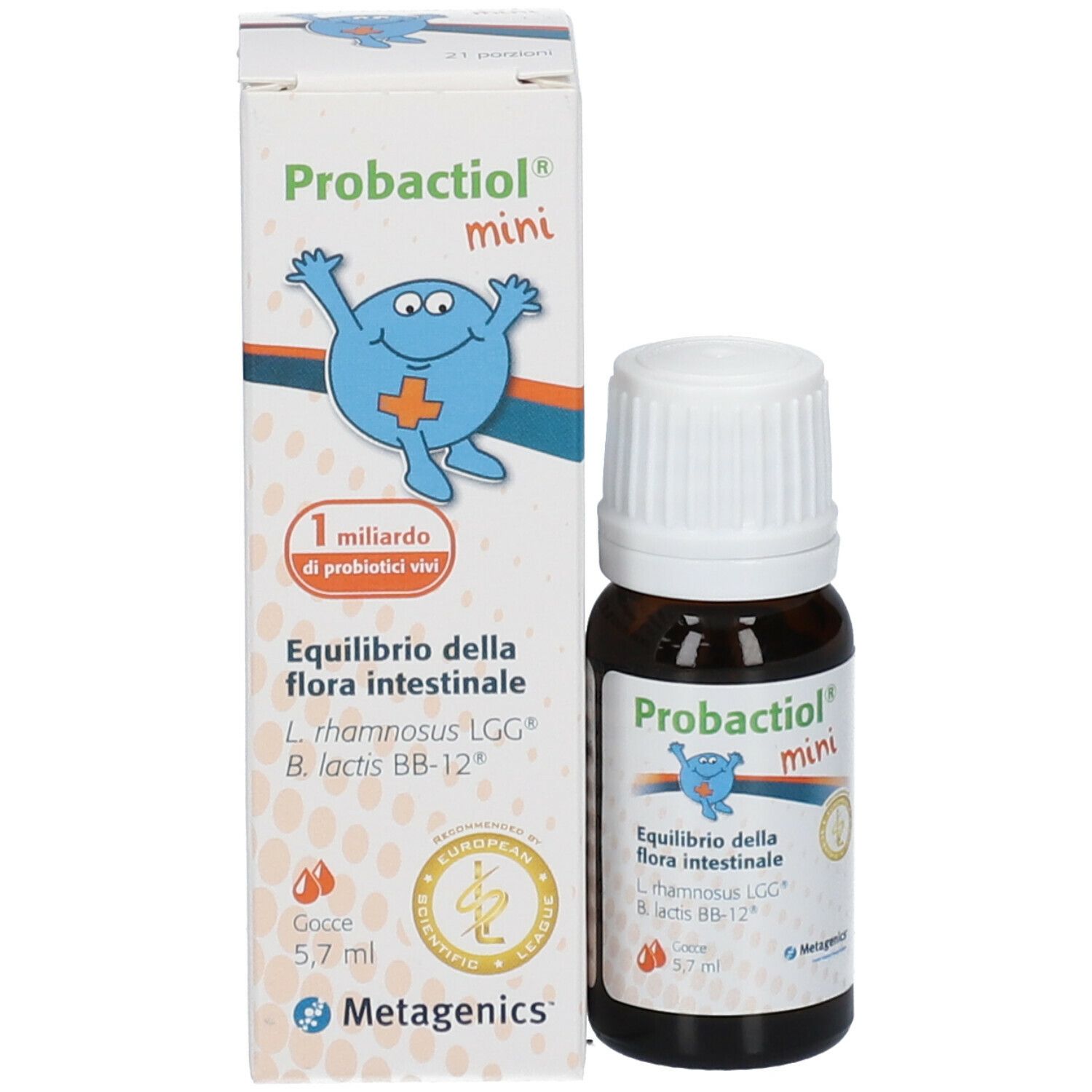 Confezione e flacone del prodotto. Scritta: Probactiol mini, 1 miliardo di batteri probiotici, 5,7 ml. Con certificazioni.