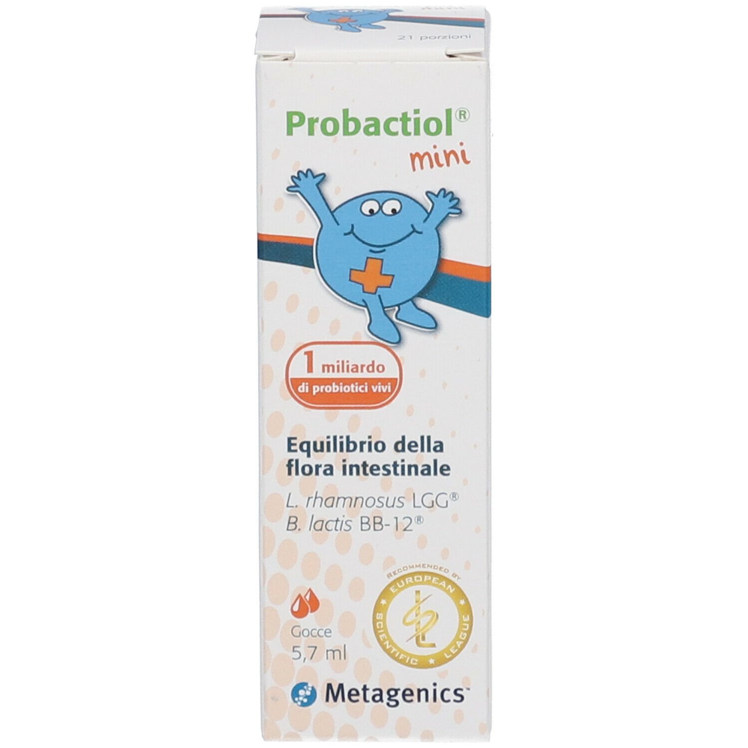 Confezione del prodotto. Scritta: Probactiol mini, 1 miliardo di batteri probiotici, 5,7 ml. Con certificazioni.