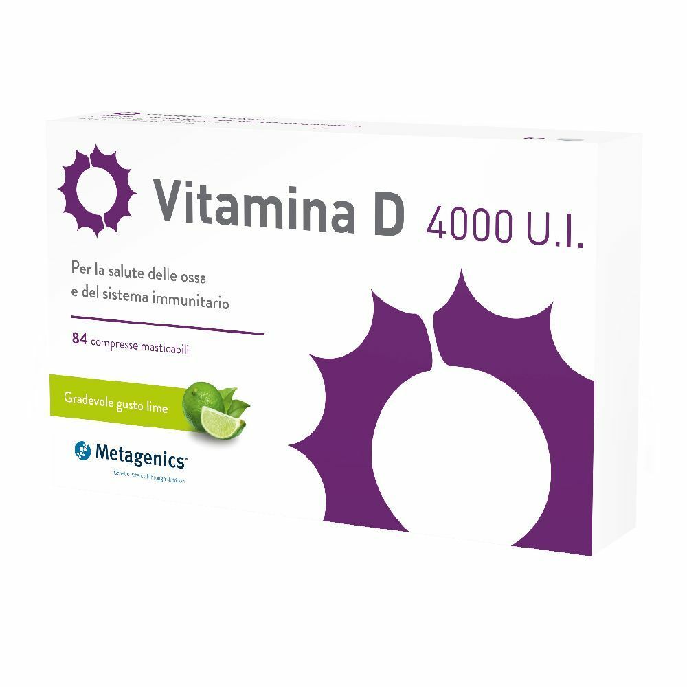 Scatola bianca con logo viola e testo: Vitamina D 4000 U.I. 84 compresse masticabili. Logo Metagenics. Gusto lime.