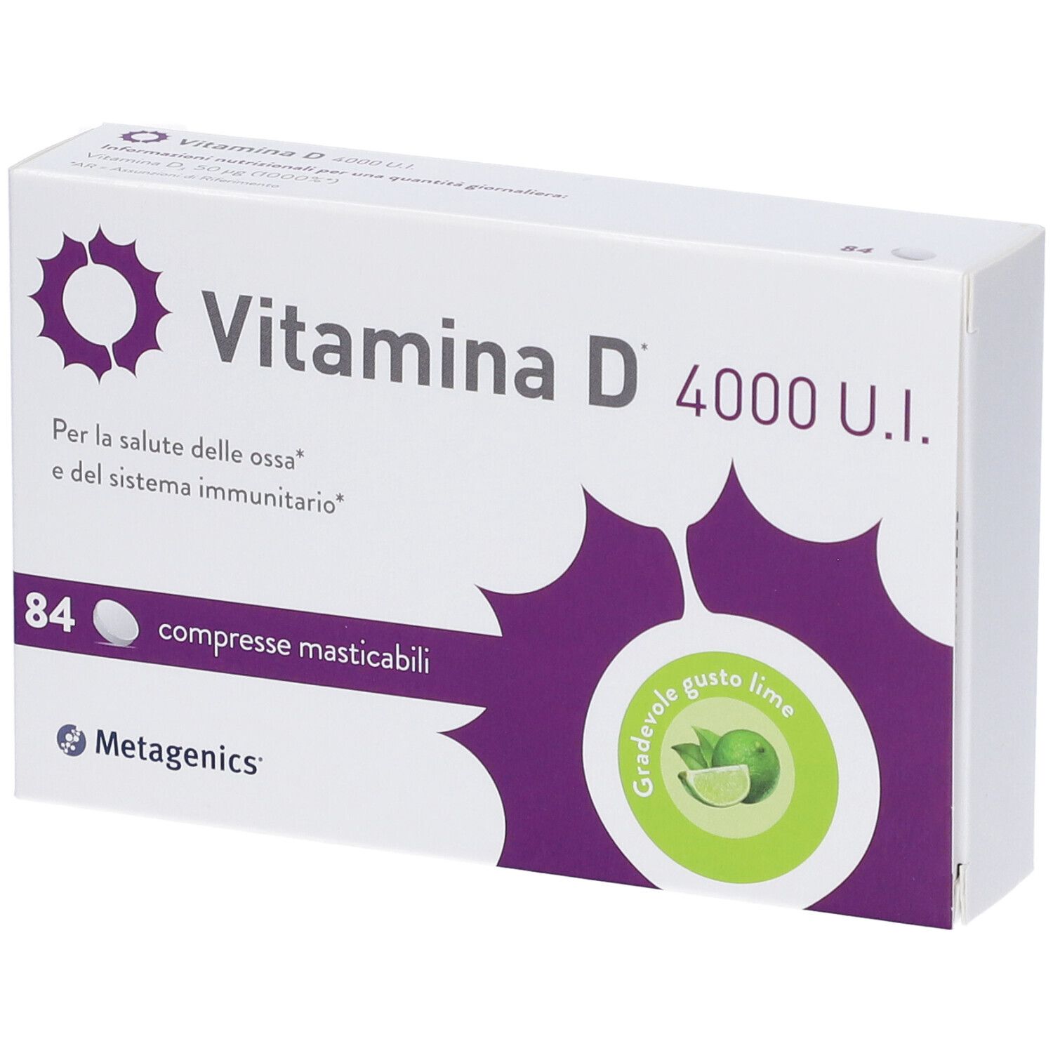 Scatola bianca con logo viola e testo: Vitamina D 4000 U.I. 84 compresse masticabili. Logo Metagenics. Gusto lime.