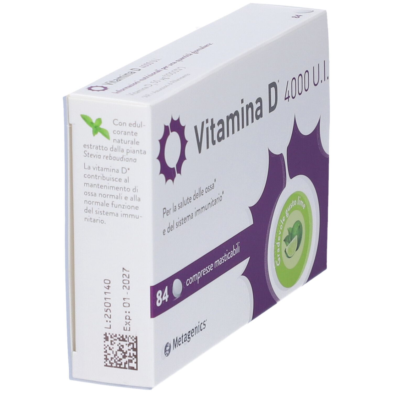 Scatola bianca con testo: Vitamina D 4000 U.I. 84 compresse masticabili. Logo Metagenics. Con stevia. Scad. 01-2027.