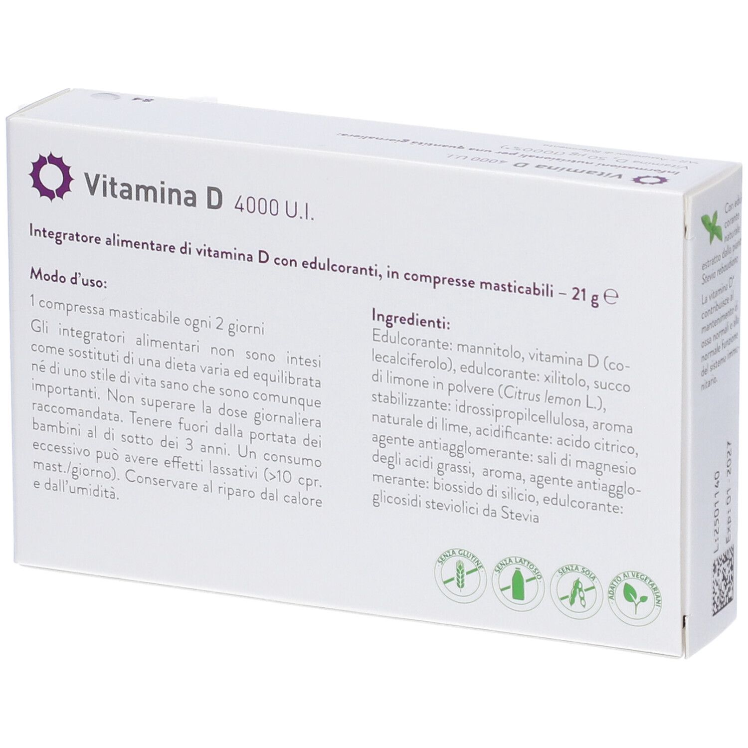 Scatola bianca con testo: Vitamina D 4000 U.I. Ingredienti, istruzioni per l'uso. 21g. Logo Metagenics. Sigilli.