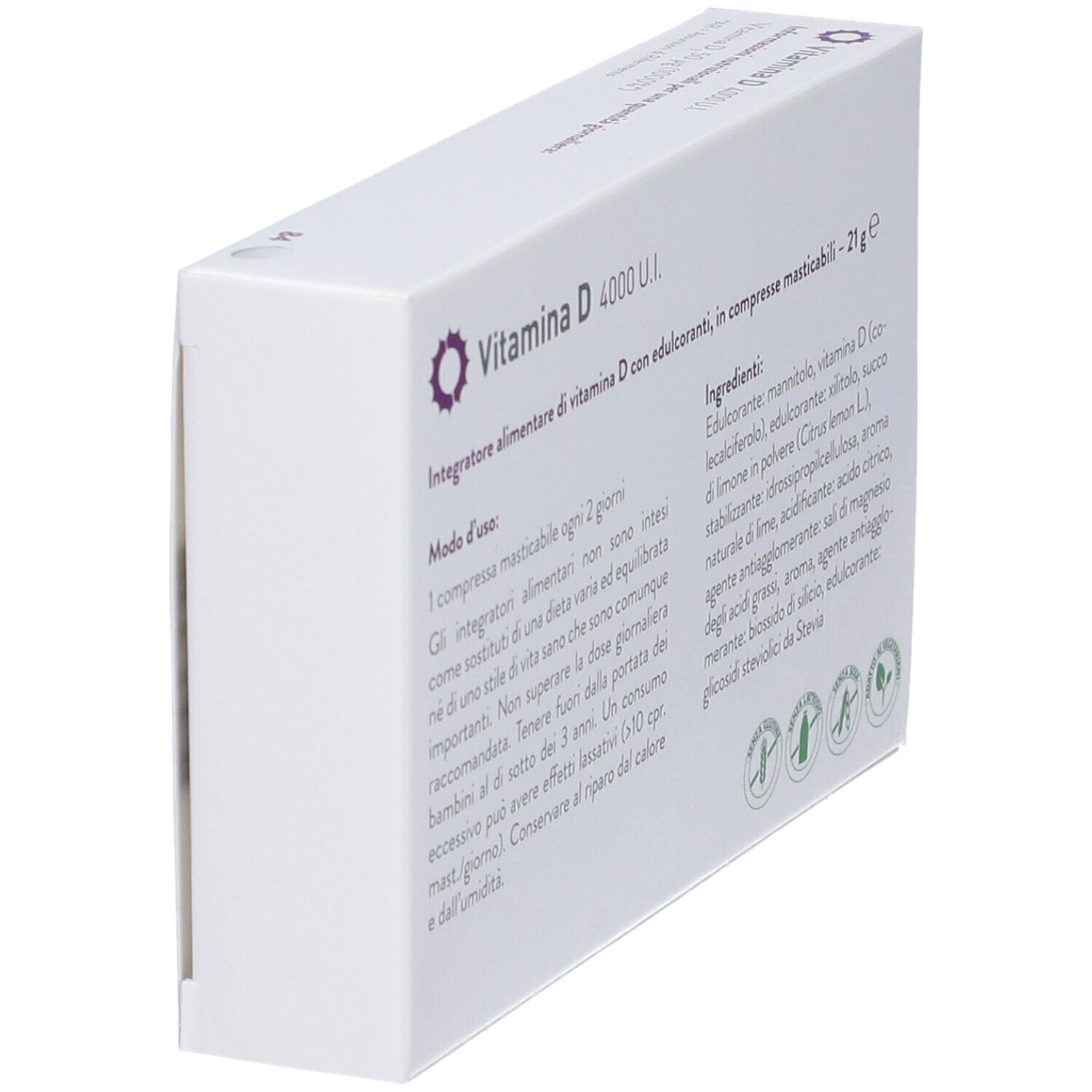 Scatola bianca con testo: Vitamina D 4000 U.I. Ingredienti, istruzioni per l'uso. 21g. Logo Metagenics. Sigilli.