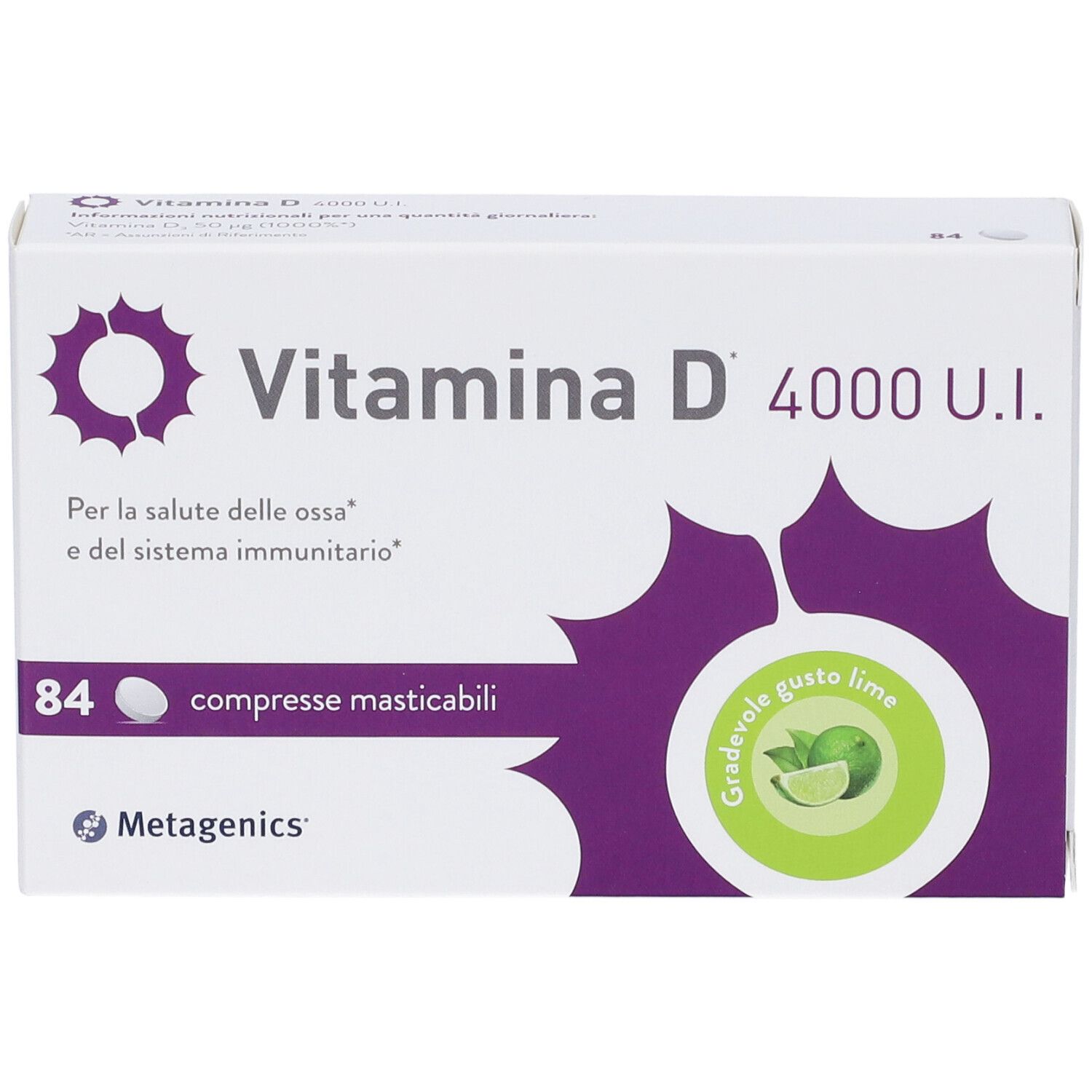Scatola bianca con logo viola e testo: Vitamina D 4000 U.I. 84 compresse masticabili. Logo Metagenics. Gusto lime.