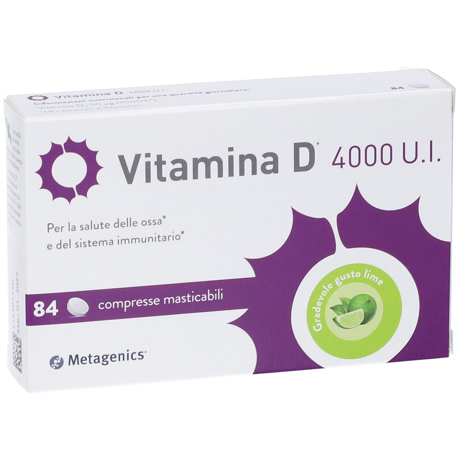 Scatola bianca con logo viola e testo: Vitamina D 4000 U.I. 84 compresse masticabili. Logo Metagenics. Gusto lime.