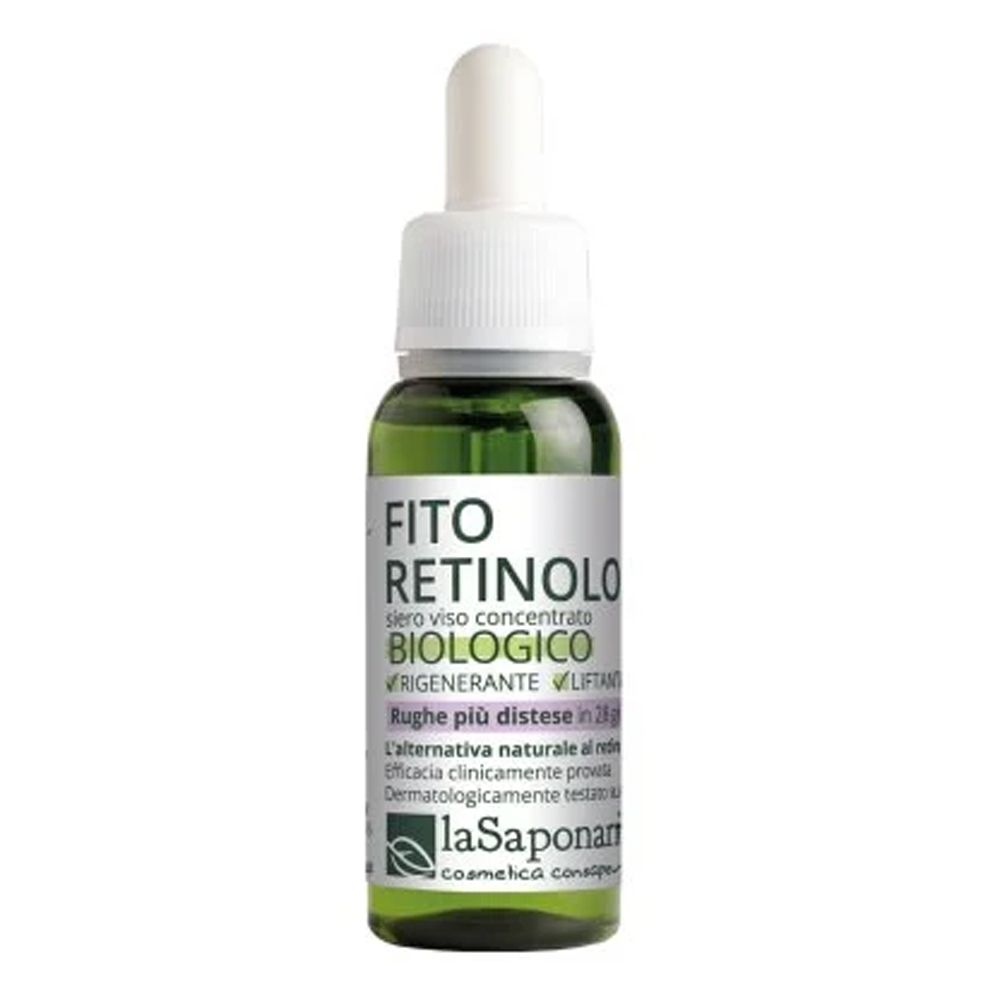 Flacone di vetro verde con contagocce bianco. Scritta: Fito Retinolo, biologico, rigenerante. Marchio: La Saponaria.