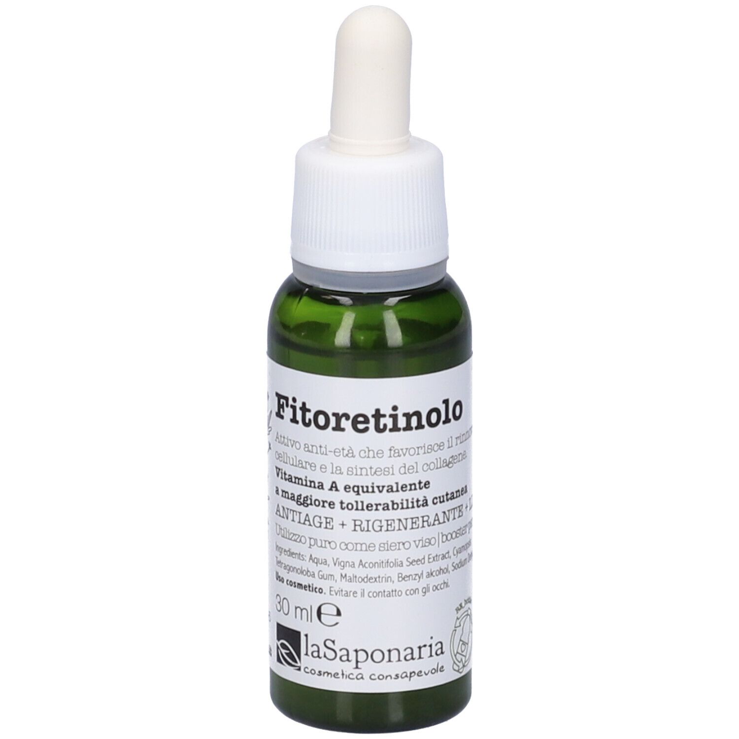Flacone di vetro verde con contagocce bianco. Scritta: Fito Retinolo, 30 ml. Marchio: La Saponaria. Ingredienti e informazioni.