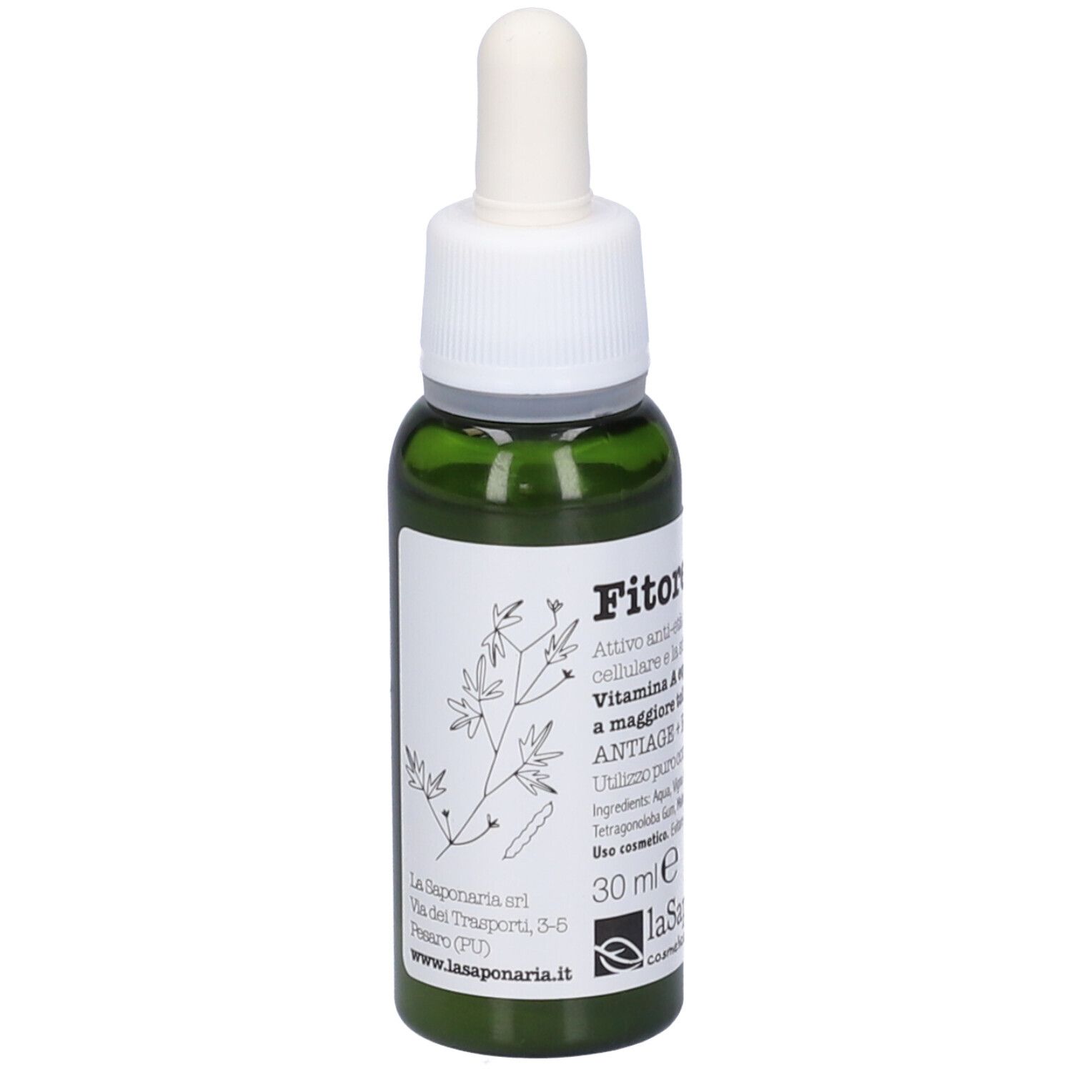 Flacone di vetro verde con contagocce bianco. Scritta: Fito Retinolo, 30 ml. Marchio: La Saponaria. Illustrazione botanica.