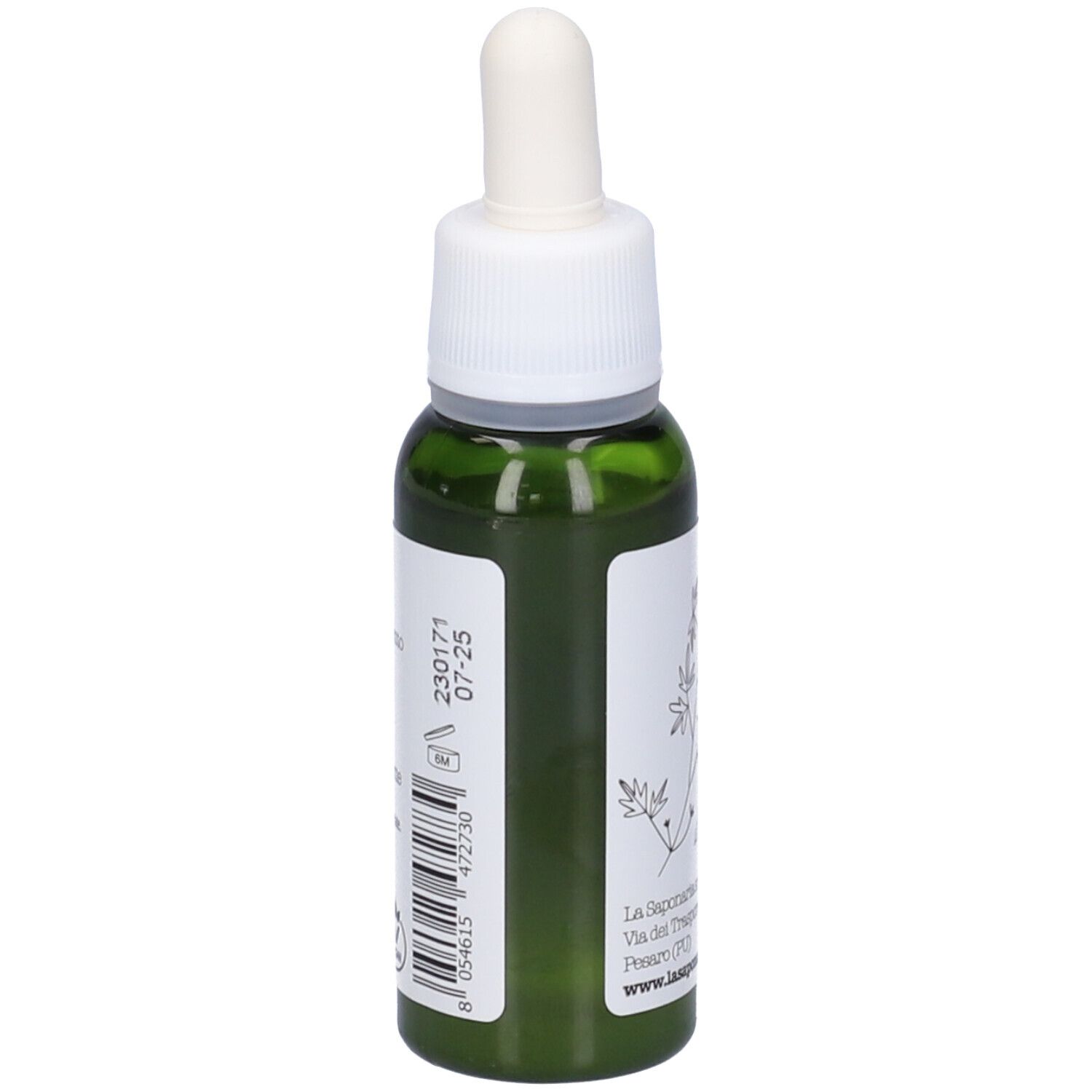 Flacone di vetro verde con contagocce bianco. Retro con codice a barre, numero di lotto e indirizzo La Saponaria.