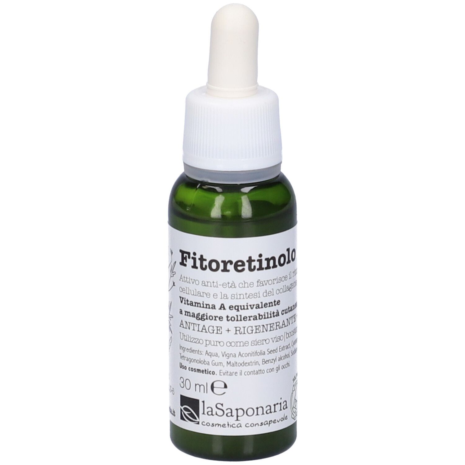 Flacone di vetro verde con contagocce bianco. Scritta: Fito Retinolo, 30 ml. Marchio: La Saponaria. Ingredienti e informazioni.