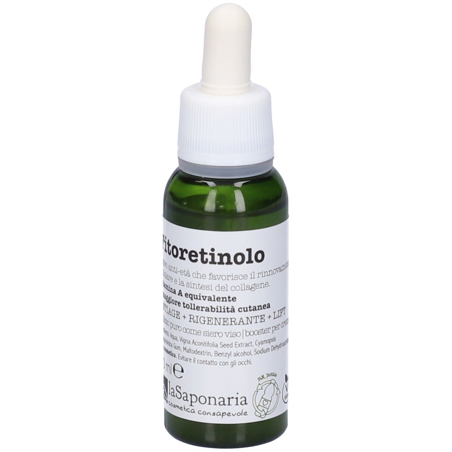 Flacone di vetro verde con contagocce bianco. Scritta: Fito Retinolo, 30 ml. Marchio: La Saponaria. Informazioni aggiuntive.