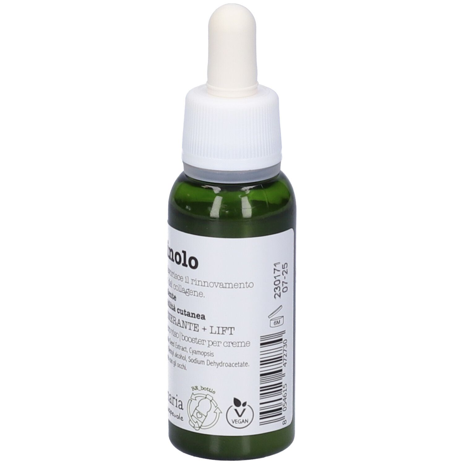 Flacone di vetro verde con contagocce bianco. Scritta: Fito Retinolo, 30 ml. Marchio: La Saponaria. Sigillo vegano.