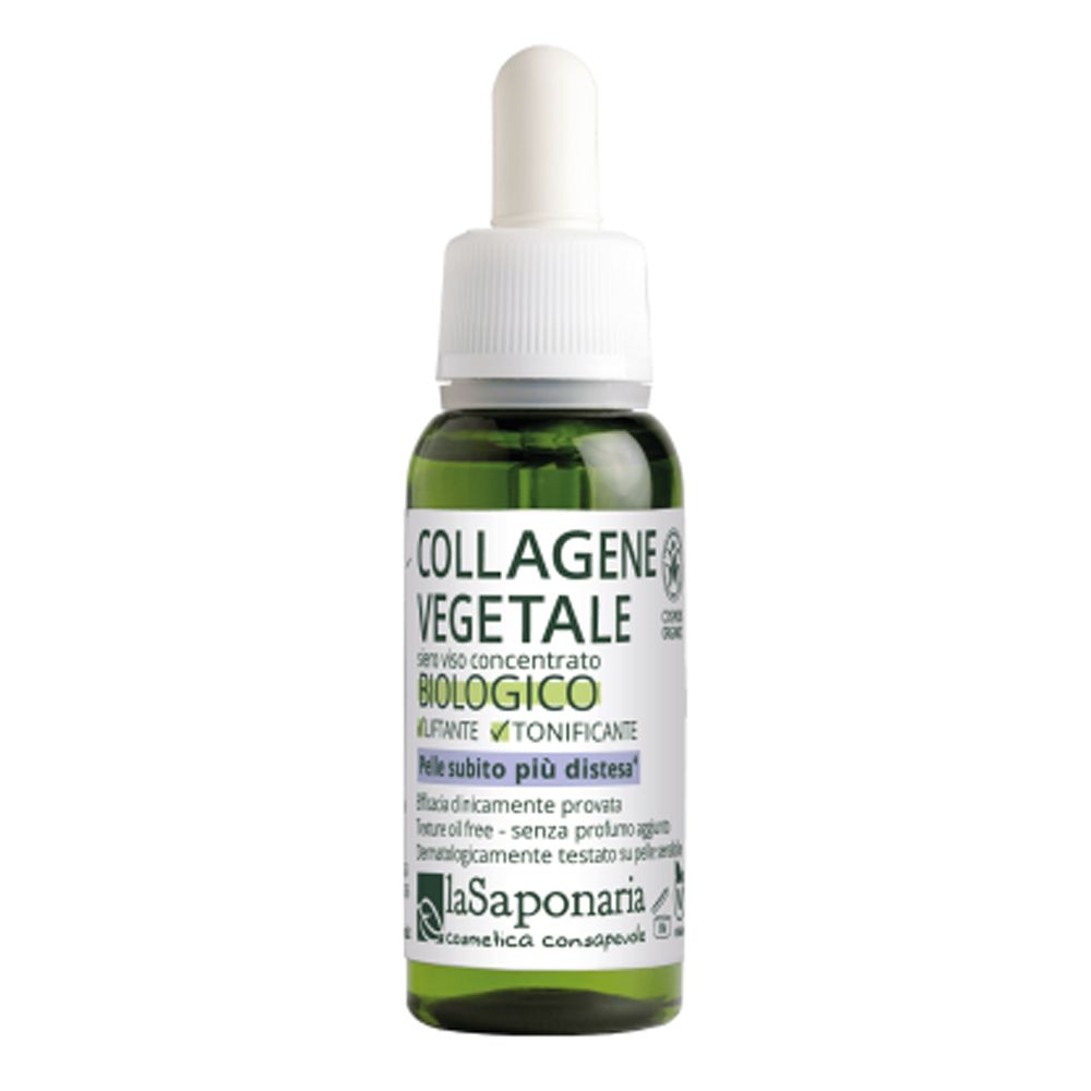 Flacone di vetro verde con tappo e pipetta bianchi. Scritta: Collagene Vegetale, biologico. Marchio: La Saponaria.