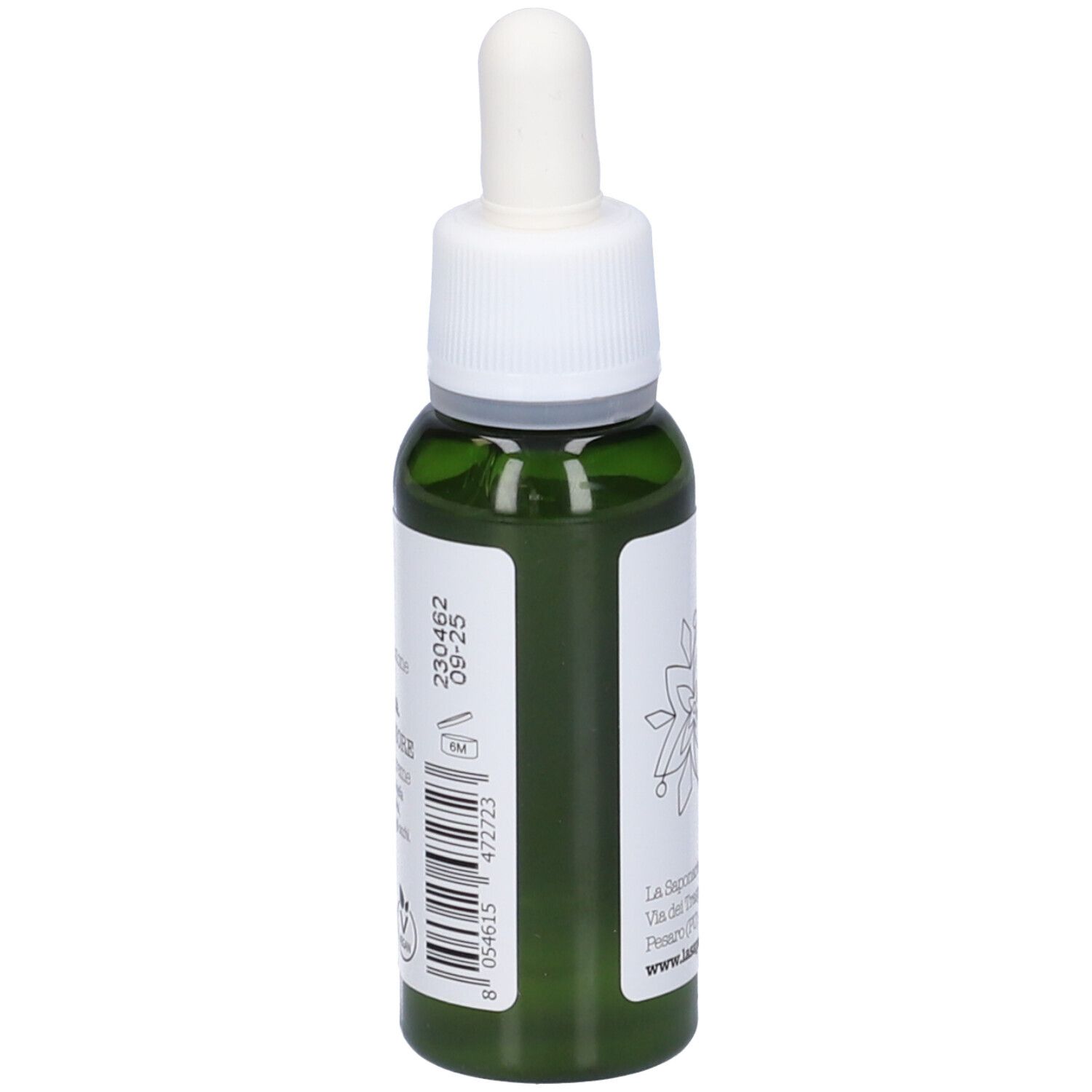 Flacone di vetro verde con tappo e pipetta bianchi. Scritta: Collagene Vegetale. Marchio: La Saponaria. 30 ml.