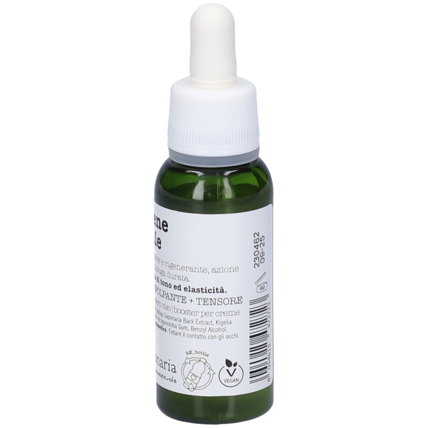 Flacone di vetro verde con tappo e pipetta bianchi. Scritta: Collagene Vegetale. Marchio: La Saponaria. 30 ml.