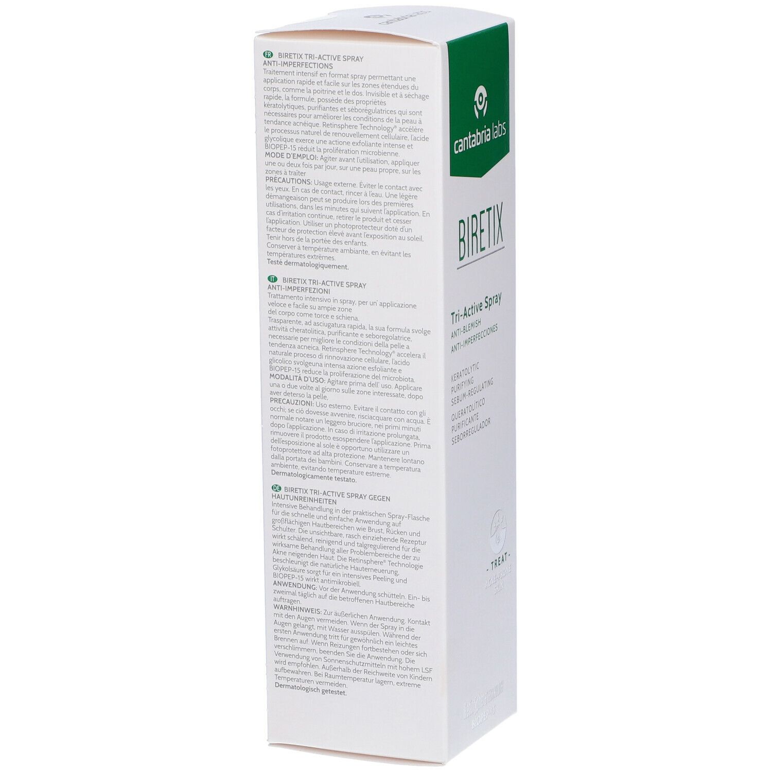Confezione bianca con logo verde e testo. Scritta: Biretix Tri-Active Spray. Logo: cantabria labs.