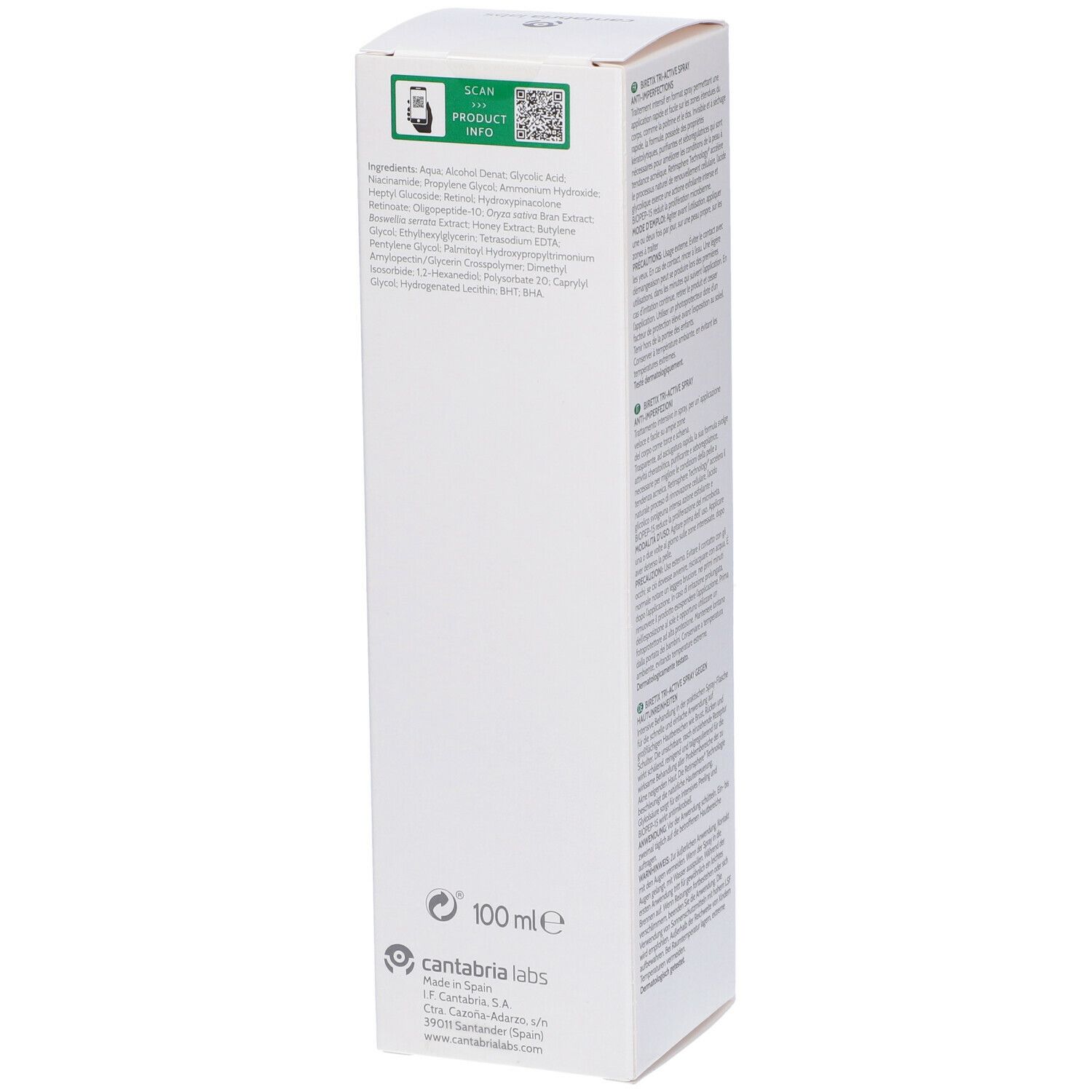 Confezione bianca con logo verde e testo. Scritta: Biretix Tri-Active Spray. Logo: cantabria labs.