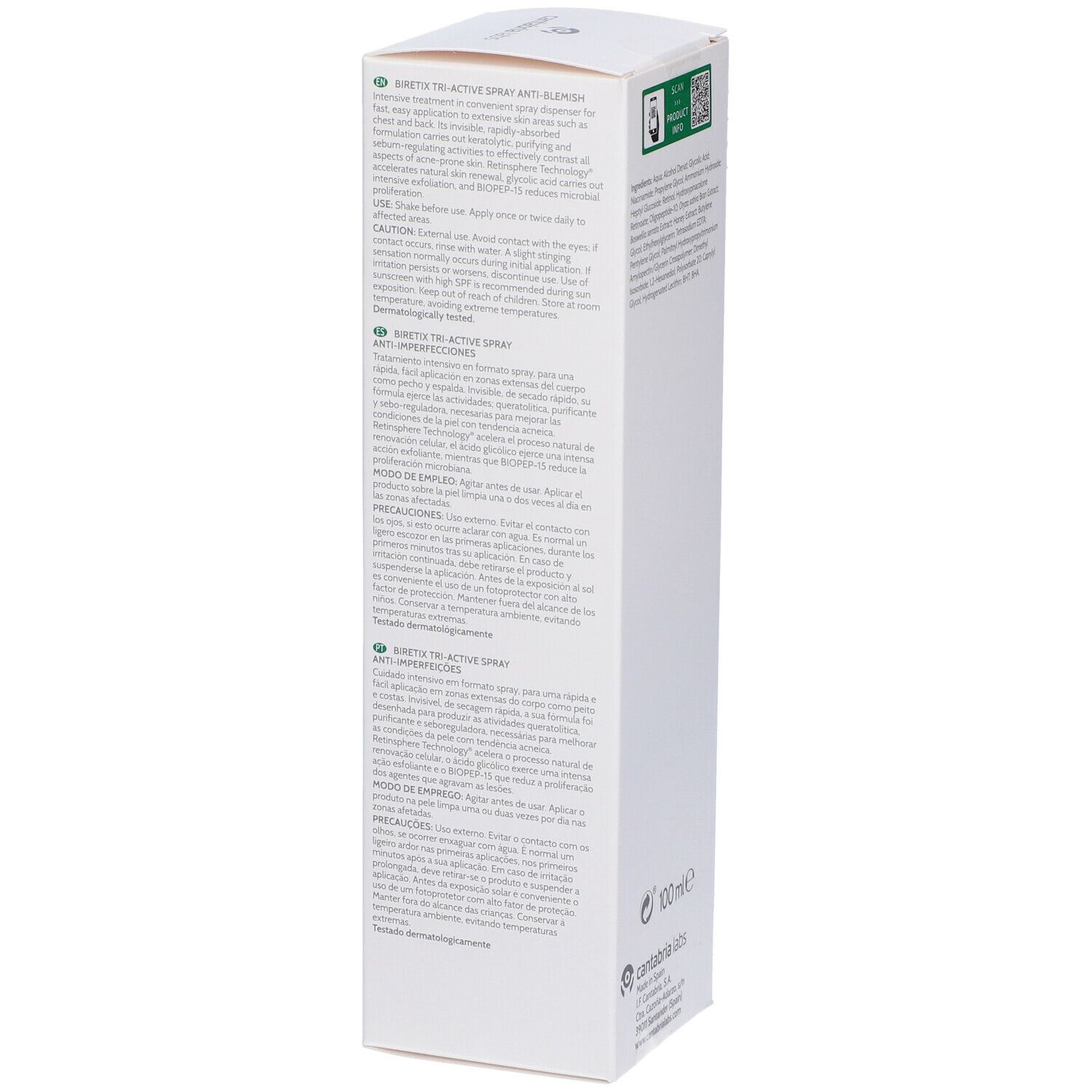 Confezione bianca con logo verde e testo. Scritta: Biretix Tri-Active Spray. Logo: cantabria labs.
