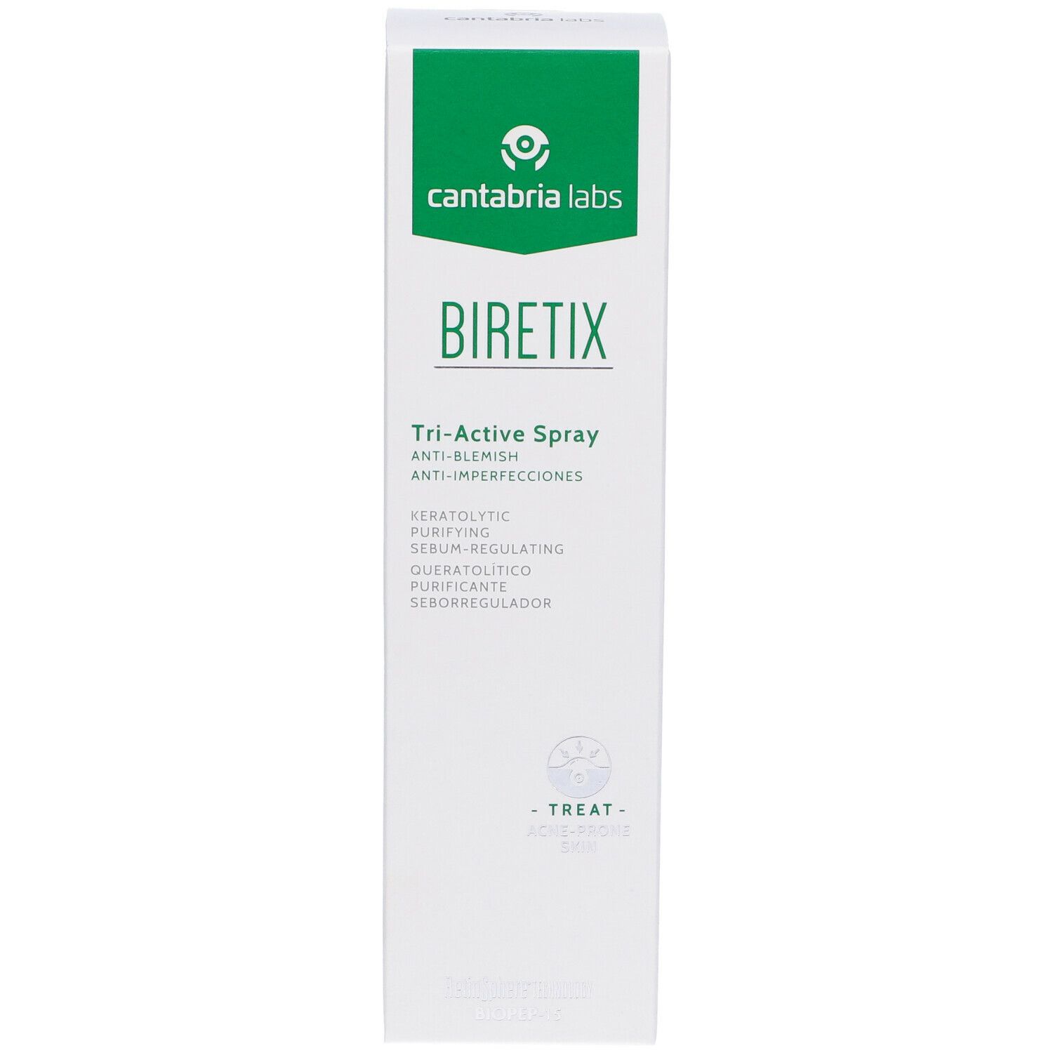 Confezione bianca con logo verde e testo. Scritta: Biretix Tri-Active Spray. Logo: cantabria labs.