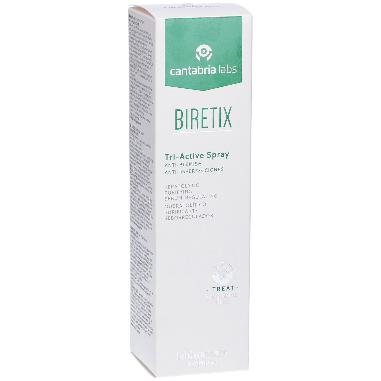 Confezione bianca con logo verde e testo. Scritta: Biretix Tri-Active Spray. Logo: cantabria labs.