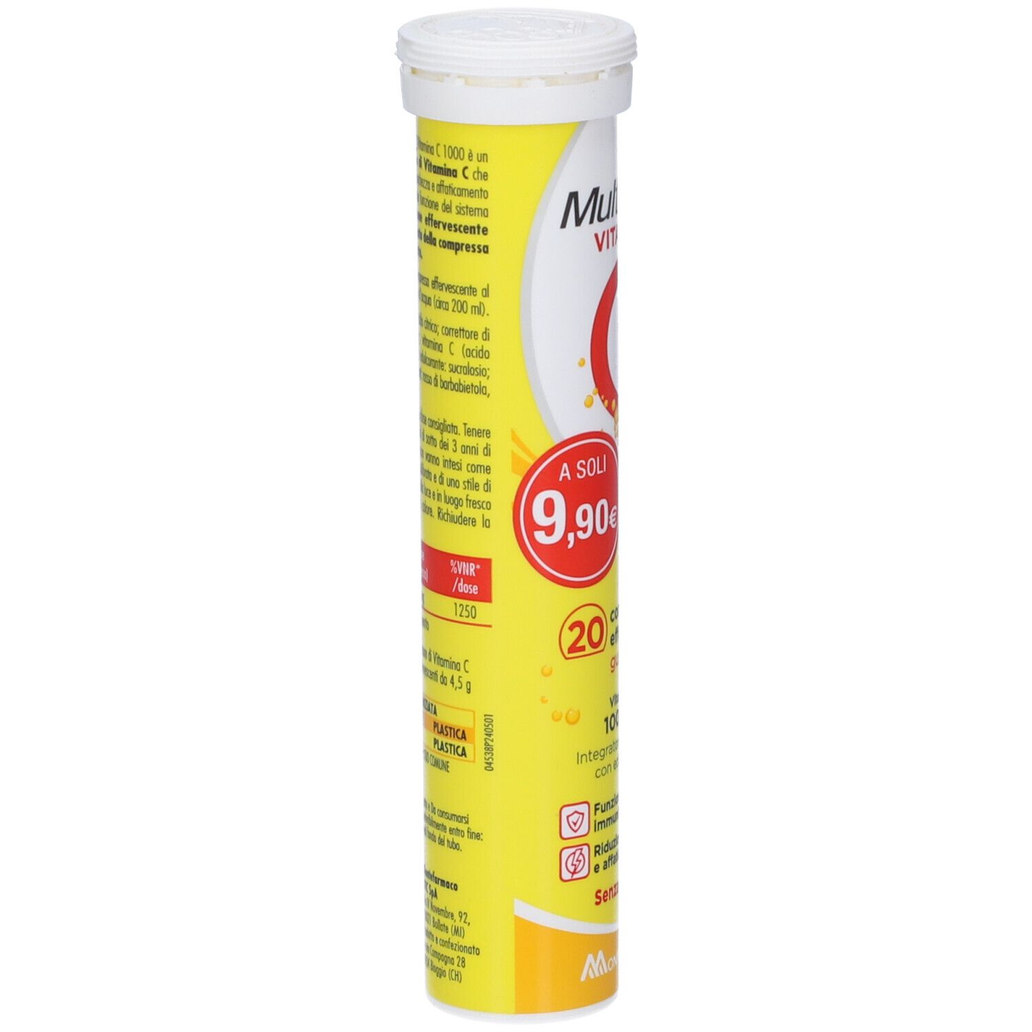 Gelbe Tube mit weißem Deckel. Aufschrift: Multivita, C 1000, 20 Brausetabletten. Rückseite mit Text.