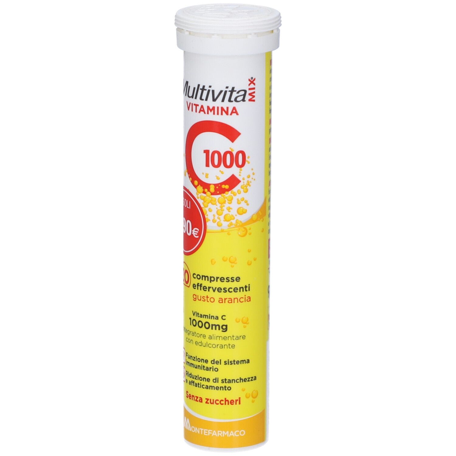 Gelbe Tube mit weißem Deckel. Aufschrift: Multivita, C 1000, 20 Brausetabletten, Vitamin C, 9,90€.