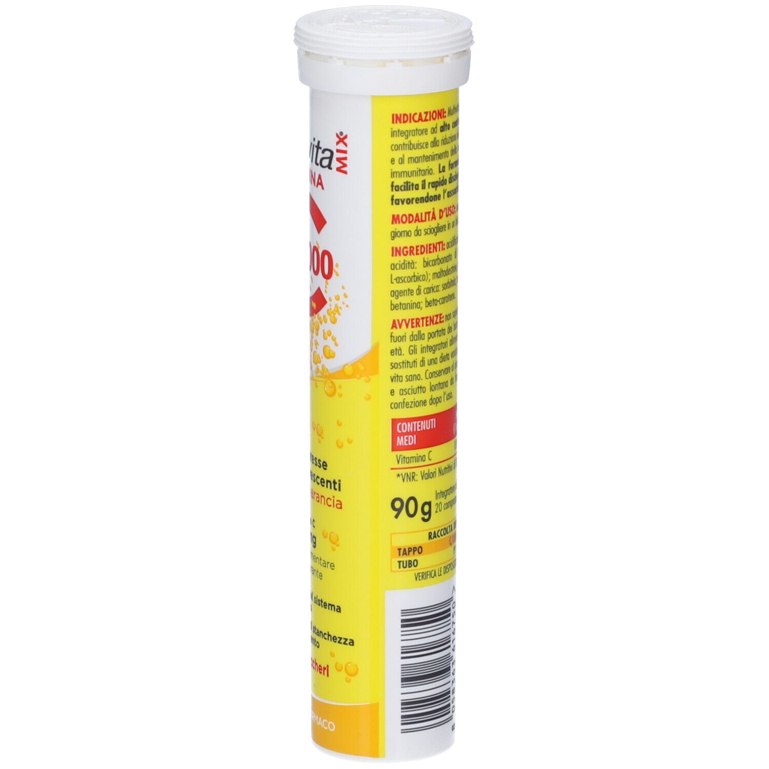 Gelbe Tube mit weißem Deckel. Aufschrift: Multivita, C 1000, 20 Brausetabletten. Rückseite mit Text.