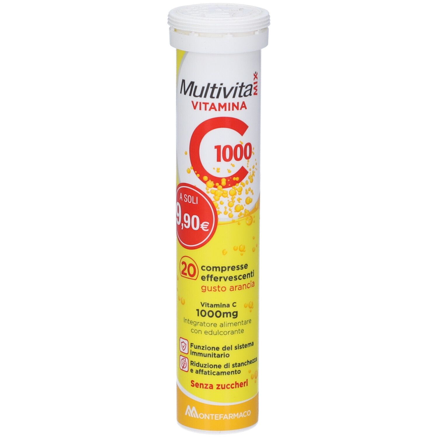 Gelbe Tube mit weißem Deckel. Aufschrift: Multivita, C 1000, 20 Brausetabletten, Vitamin C, 9,90€.