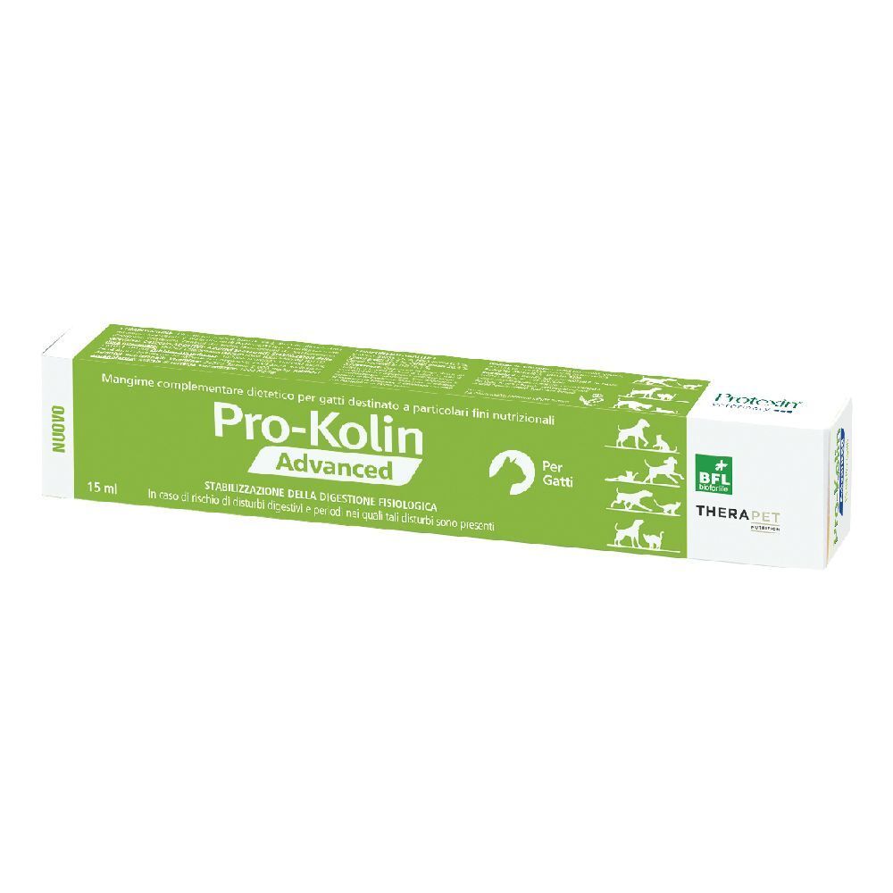 Scatola verde con logo "Pro-Kolin Advanced". Testo: "Per gatti". Marchio: Therapet.