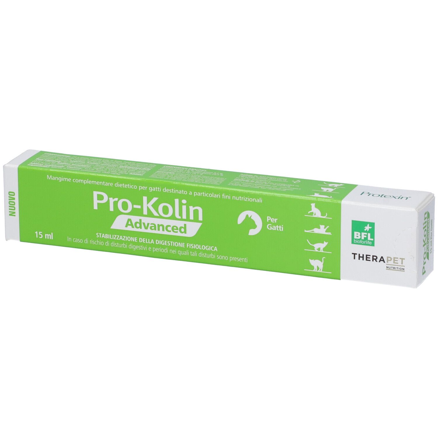 Scatola verde con logo "Pro-Kolin Advanced". Testo: "Per gatti". Marchio: Therapet.
