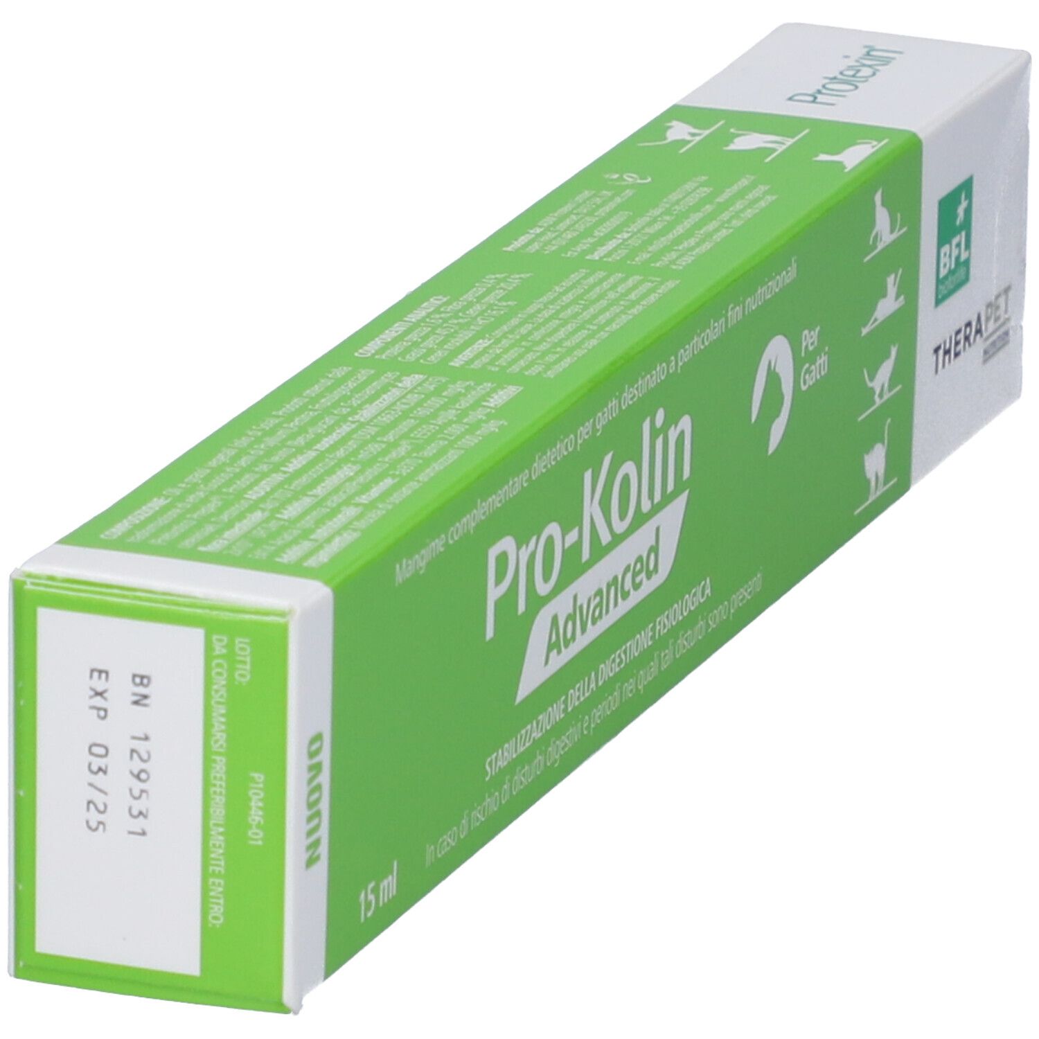 Scatola verde e bianca con logo "Pro-Kolin Advanced". Testo: "Per gatti". Marchio: Therapet.