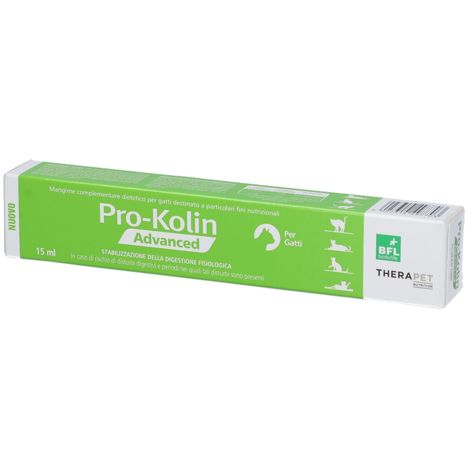 Scatola verde con logo "Pro-Kolin Advanced". Testo: "Per gatti". Marchio: Therapet.