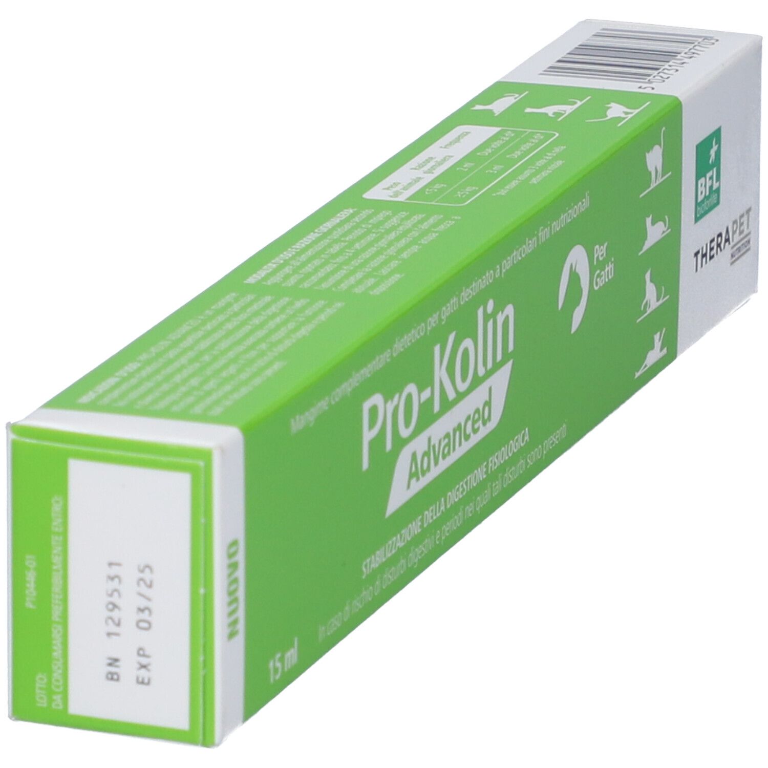 Scatola verde e bianca con logo "Pro-Kolin Advanced". Testo: "Per gatti". Marchio: Therapet.