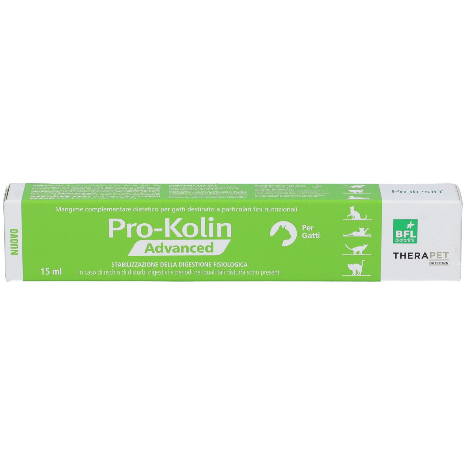Scatola verde con logo "Pro-Kolin Advanced". Testo: "Per gatti". Marchio: Therapet.