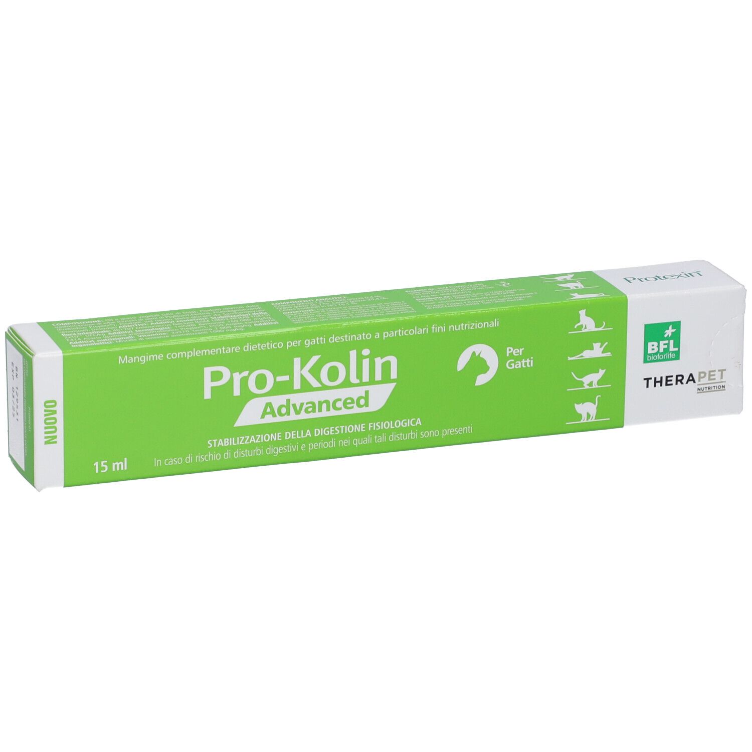 Scatola verde con logo "Pro-Kolin Advanced". Testo: "Per gatti". Marchio: Therapet.