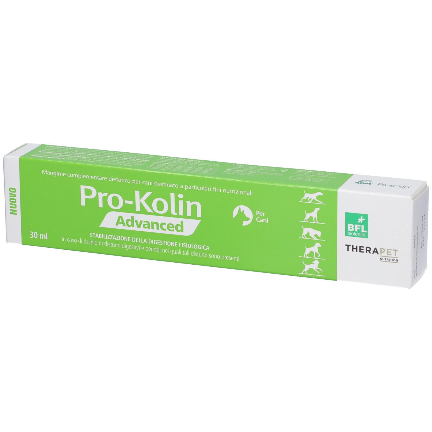 Scatola verde e bianca con nome e logo del prodotto. Testo: Pro-Kolin Advanced, 30 ml. BFL TheraPet.