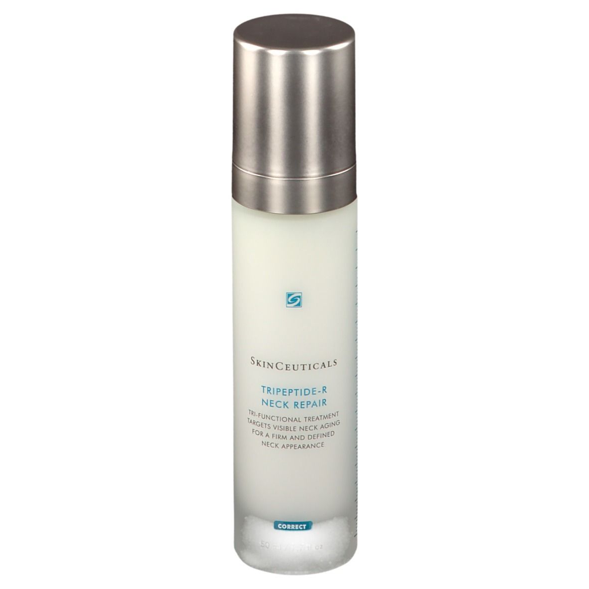 Prodotto per la cura della pelle. SkinCeuticals Tripeptid-R Neck Repair. Flacone bianco, tappo argento. Scritte e logo.